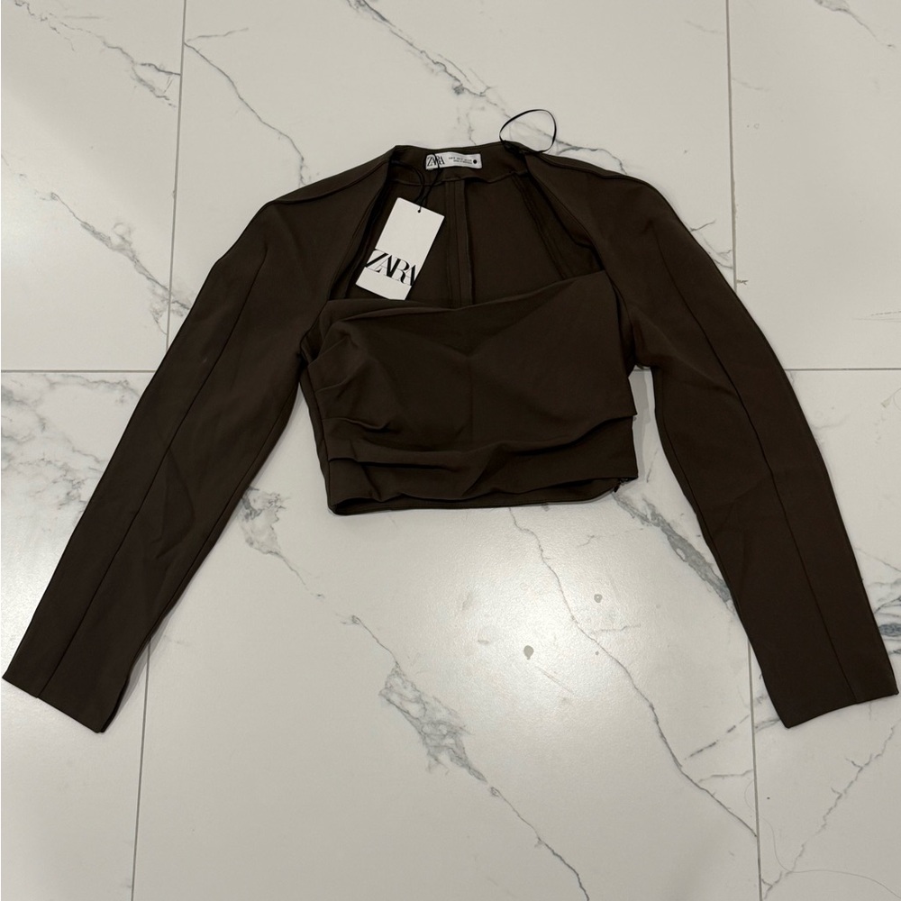 Zara Dark Brown Long Sleeve Crop Top